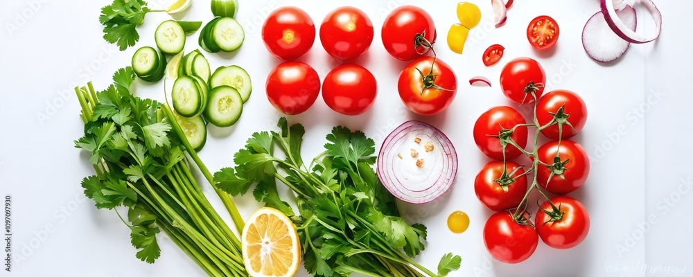 Fresh vegetables and herbs arranged for a vibrant salad preparation in a bright kitchen setting Fresh vegetables and herbs arranged for a vibrant salad preparation in a bright kitchen setting