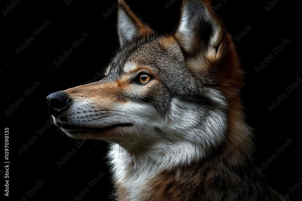 portrait of a majestic adult wolf against a dark backdrop, capturing the strength and wild beauty of this creature, highlighting its piercing gaze and intricate fur textures portrait of a majestic adult wolf against a dark backdrop, capturing the strength and wild beauty of this creature, highlighting its piercing gaze and intricate fur textures
