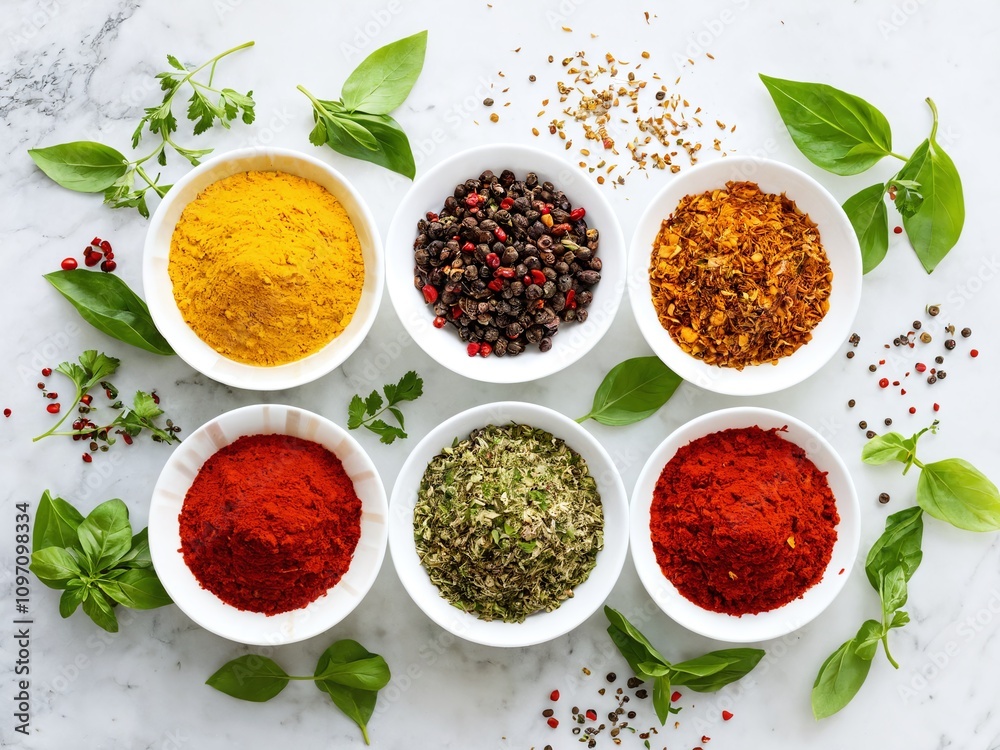 Spices and herbs arranged in bowls on a marble countertop showcasing vibrant colors and textures in a culinary setting Spices and herbs arranged in bowls on a marble countertop showcasing vibrant colors and textures in a culinary setting