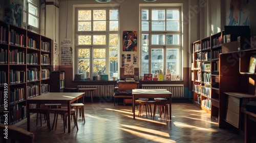 A quiet library interior with wooden tables, bookshelves, and natural light streaming in.