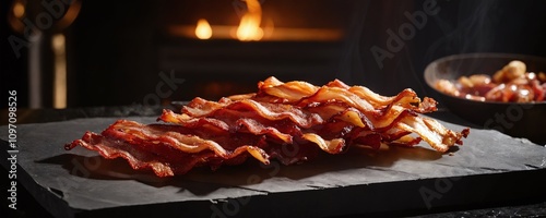 Crispy bacon strips arranged on a dark slate board with a warm fire in the background during a cozy indoor gathering