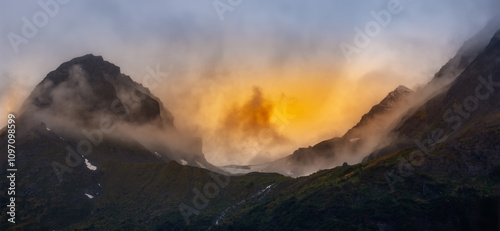 Scenic bight sunrise landscape in Alaska along Richardson highway. photo