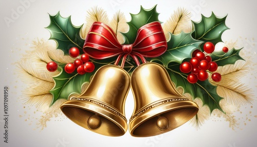 Two golden bells adorned with holly leaves, red berries, and bows, symbolizing traditional Christmas decorations isolated on white