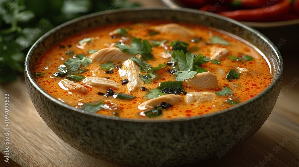 Delicious spicy thai chicken curry with fresh cilantro and rich coconut milk in rustic bowl Delicious spicy thai chicken curry with fresh cilantro and rich coconut milk in rustic bowl