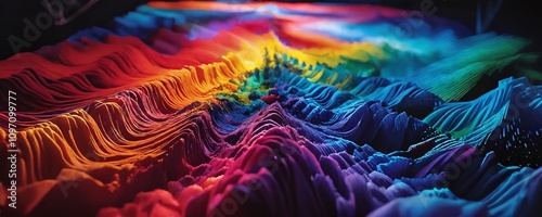 Colorful abstract landscape created with sound wave visualization techniques during a nighttime exhibit in a modern art gallery