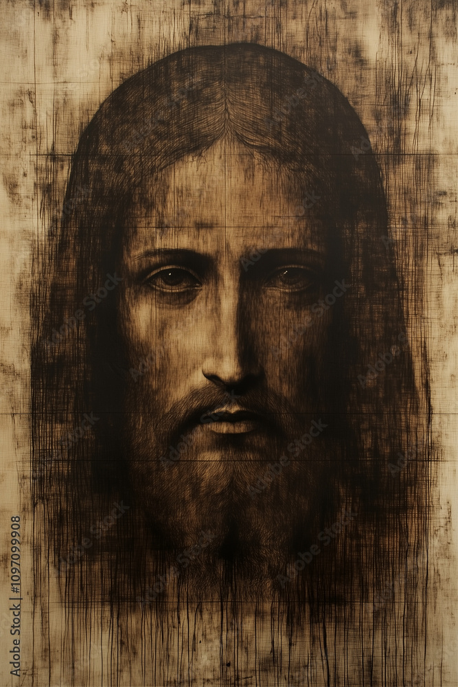 Fototapeta premium A detailed sketch portrays a calm, serene visage on a rugged surface.