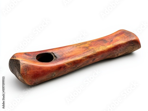 Wooden kazoo instrument, isolated on white background, showcasing texture and color photo