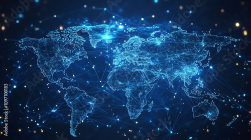 Futuristic world map with illuminated lines connecting continents to depict data flow and communication