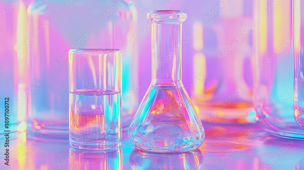 Chemistry laboratory with glassy flask and transparent vial on a colorful digital abstract backdrop. Chemistry laboratory with glassy flask and transparent vial on a colorful digital abstract backdrop.