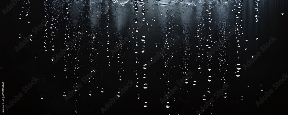 Water droplets cascade down creating a mesmerizing pattern against a dark background in a tranquil environment Water droplets cascade down creating a mesmerizing pattern against a dark background in a tranquil environment