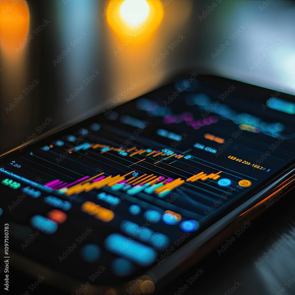 A smartphone displaying financial charts. A smartphone displaying financial charts.
