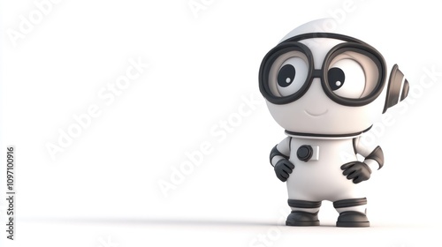 A cute cartoon robot character with oversized glasses, smiling and standing confidently.