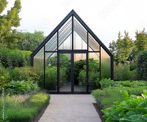 Glasgarten mit moderner Architektur in einer grünen Umgebung

 photo