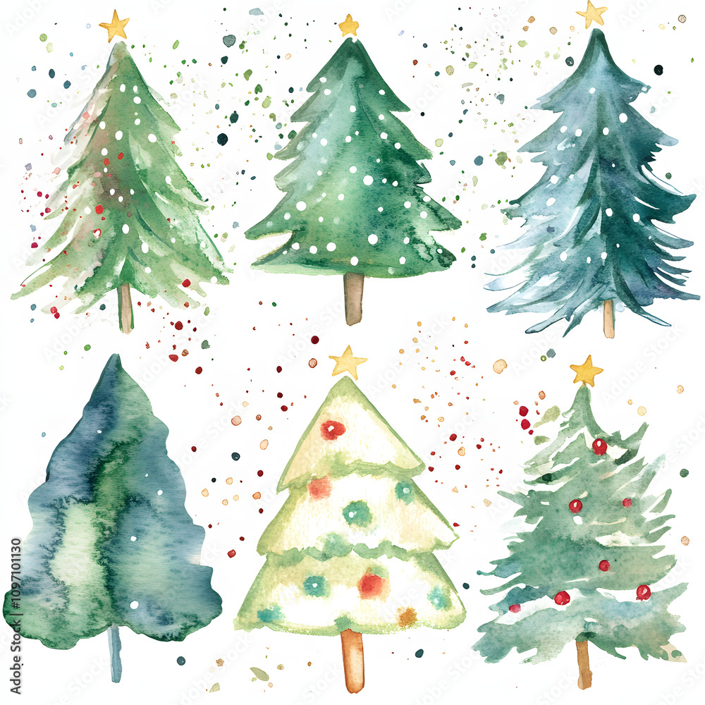 Obraz premium Set of Watercolor illustrations with trees in snow forest