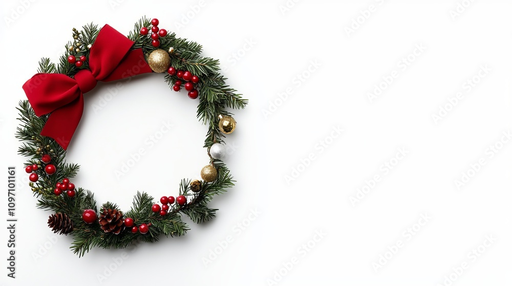 Christmas wreath decoration with red bow berries and gold lights isolated on white Christmas wreath decoration with red bow berries and gold lights isolated on white