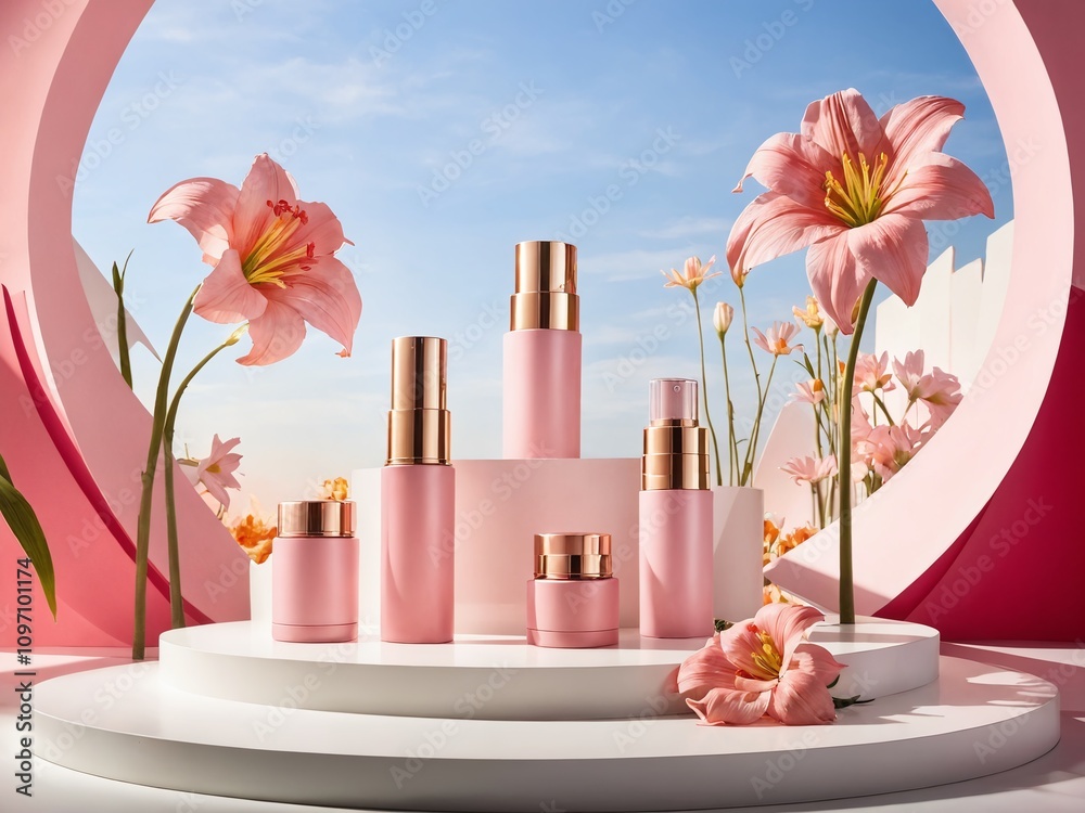 Delicate pink skincare products displayed with fresh flowers in a bright, outdoor setting Delicate pink skincare products displayed with fresh flowers in a bright, outdoor setting