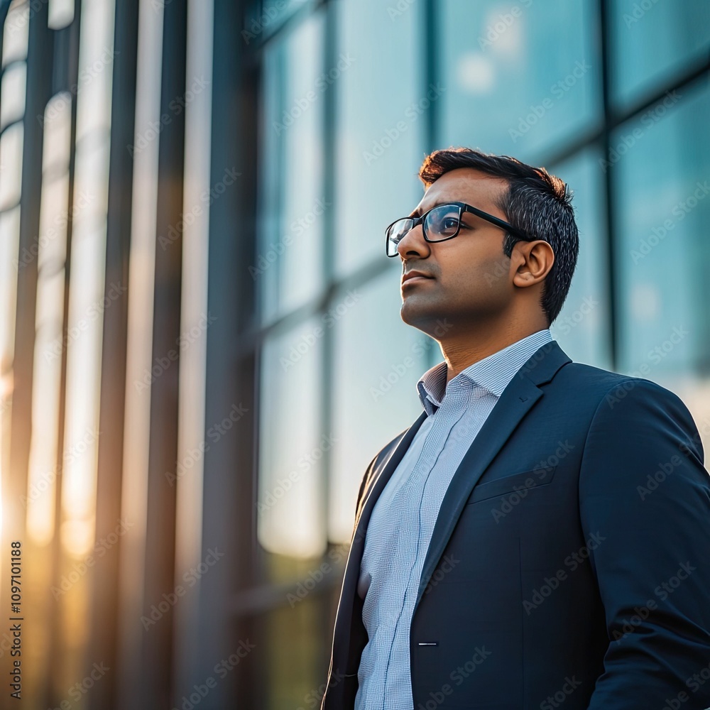 Man in suit and glasses looking up. Man in suit and glasses looking up.