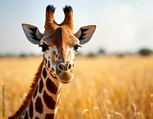 Closeup giraffe portrait. Long eyelashes frame large eyes. Tan brown patterned coat visible. African wildlife animal in savanna. Nature scene. Safari theme image. photo