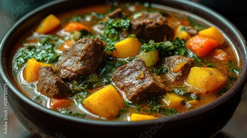 Hearty beef stew with vegetables and fresh herbs in rustic bowl photo