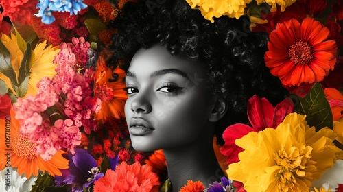 Collage depicting a young woman amid vibrant flowers. Her portrait in black and white contrasts against the colorful backdrop, creating a striking visual effect. Ideal for advertisement