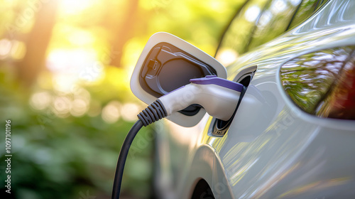 Elektroauto beim Laden in einer grünen Umgebung

 photo