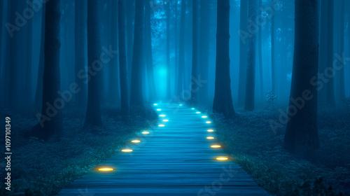 Mysterious pathway illuminated by glowing lights in dark forest
