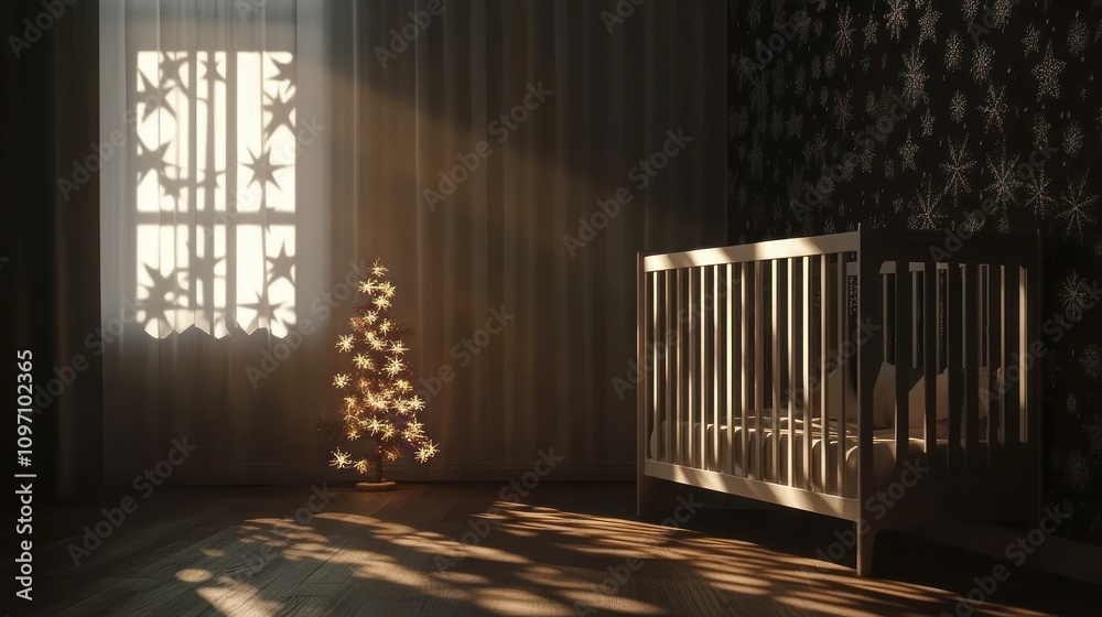 A softly lit nursery with a crib and a small decorated Christmas tree. A softly lit nursery with a crib and a small decorated Christmas tree.