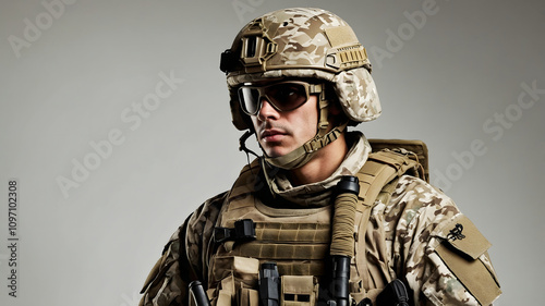 Portrait of a soldier wearing body armour and kit