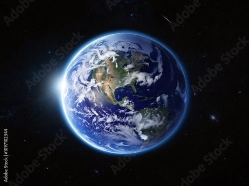 Planet Earth seen from space with sunlight illuminating the surface and a background of stars