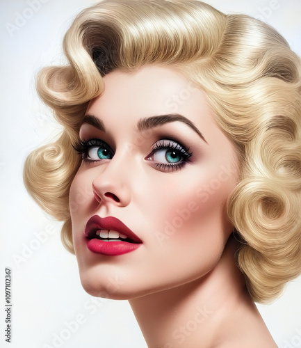 Female face with blue eyes, blonde hair and red lips that reminds us of the famous movie stars of the 50s photo