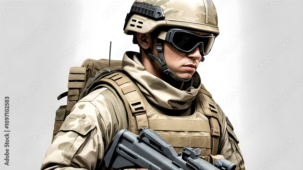 Digital Illustration of a soldier wearing body armour, kit and holding a rifle Digital Illustration of a soldier wearing body armour, kit and holding a rifle