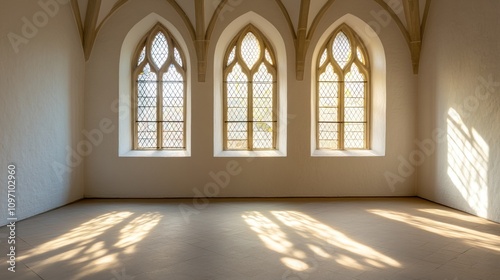 A serene interior featuring three arched windows casting soft light on the floor.