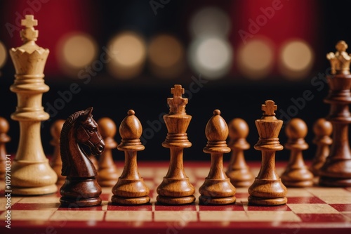 Wooden pawn chess pieces on red surface photo