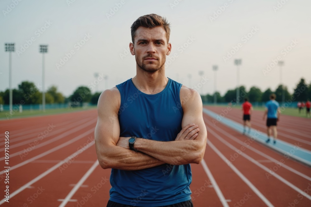Amputated man standing with arms crossed on running track Amputated man standing with arms crossed on running track