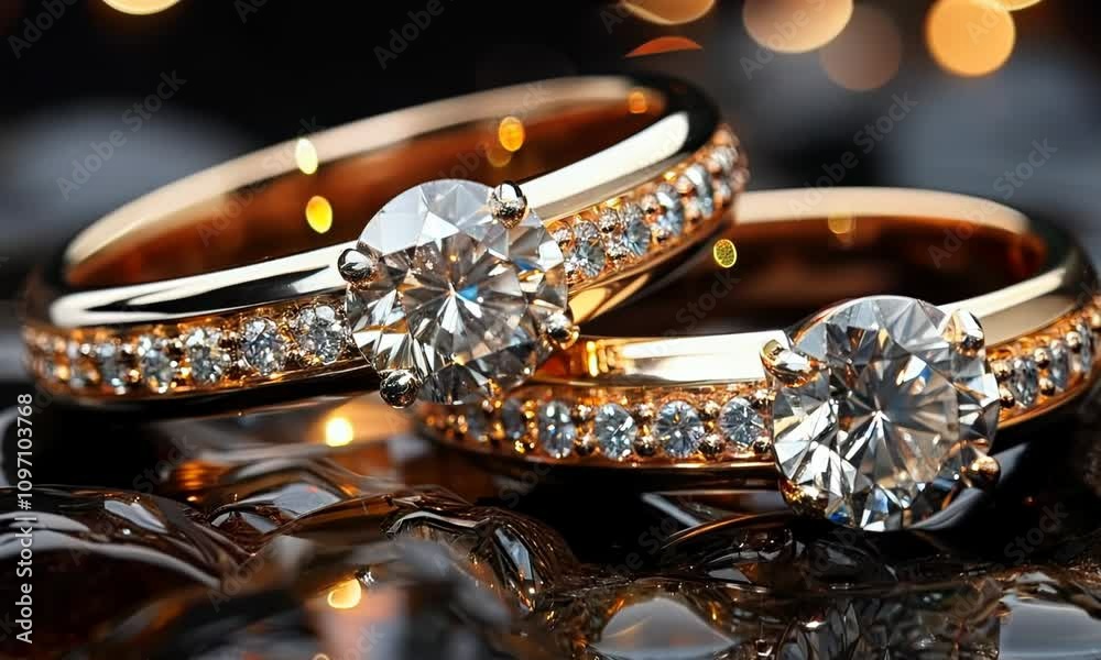Closeup shot of two diamond rings on a golden surface Closeup shot of two diamond rings on a golden surface