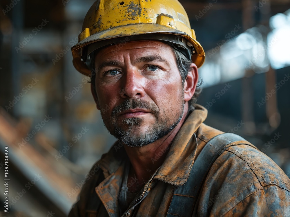 Skilled worker in hard hat reflecting resilience and determination at construction site during daylight hours Skilled worker in hard hat reflecting resilience and determination at construction site during daylight hours