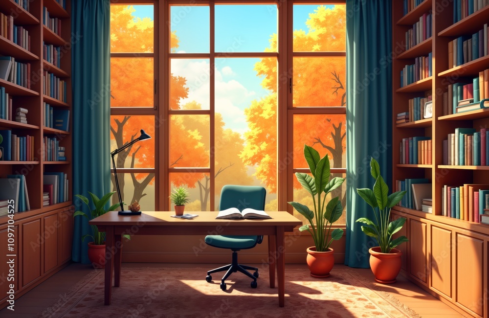 Cozy library office autumn foliage view. Desk chair book shelves sunlight. Plants warm light. Workspace study reading writing home office peaceful atmosphere. Relaxing personal retreat. Creative Cozy library office autumn foliage view. Desk chair book shelves sunlight. Plants warm light. Workspace study reading writing home office peaceful atmosphere. Relaxing personal retreat. Creative