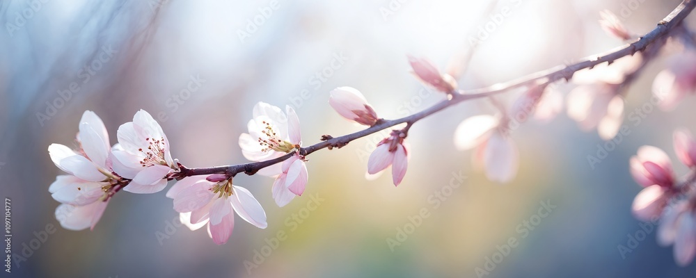 Beautiful cherry blossom branch in soft light during springtime in a tranquil garden Beautiful cherry blossom branch in soft light during springtime in a tranquil garden