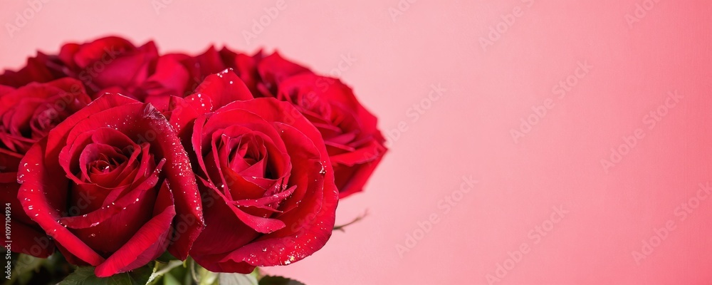 Beautiful red roses arranged elegantly against a soft pink background for special occasions and celebrations