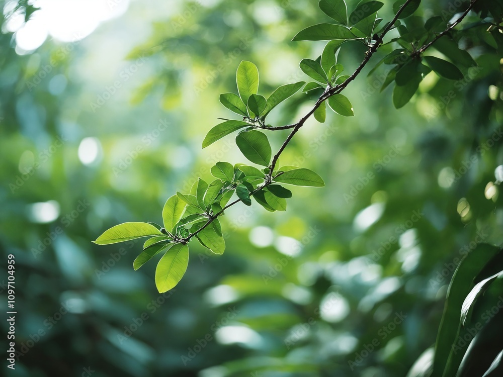 Green leaves glimmering in soft sunlight during a serene afternoon in a lush forest Green leaves glimmering in soft sunlight during a serene afternoon in a lush forest