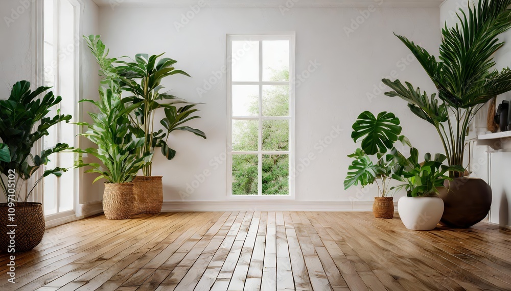 Minimalistic empty white room with wooden flooring, natural lighting, and stylish indoor plants creating a serene and modern aesthetic for peaceful living or versatile design inspiration. Minimalistic empty white room with wooden flooring, natural lighting, and stylish indoor plants creating a serene and modern aesthetic for peaceful living or versatile design inspiration.