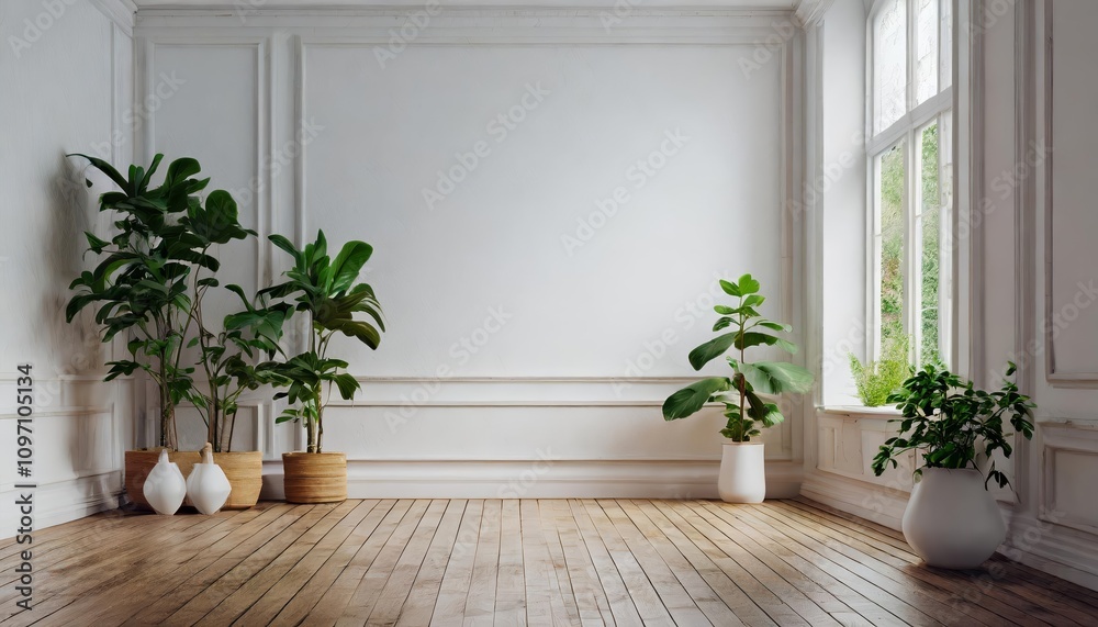 Minimalist empty white room featuring a sleek wooden floor and lush green plants, showcasing natural light and serene aesthetics ideal for modern living spaces or creative interior design. Minimalist empty white room featuring a sleek wooden floor and lush green plants, showcasing natural light and serene aesthetics ideal for modern living spaces or creative interior design.