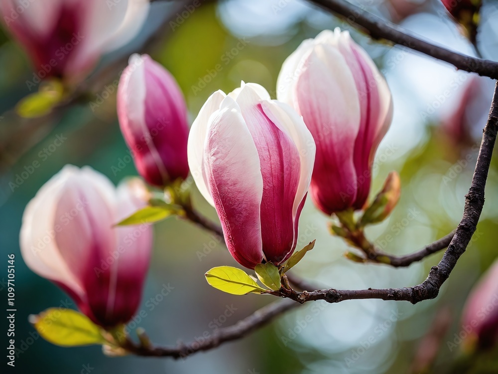 Fototapeta premium Beautiful magnolia flowers bloom on a tree branch in spring sunlight at a garden