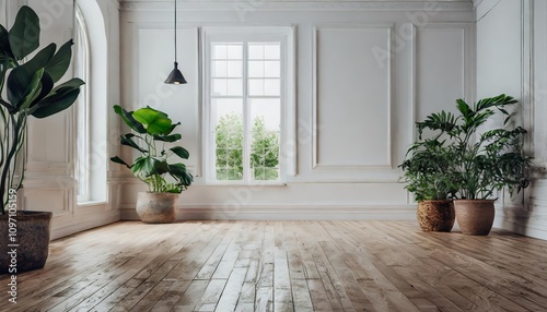 Minimalist empty white room with natural wooden flooring  featuring vibrant green potted plants  soft natural lighting  and a clean  serene atmosphere perfect for modern interiors.