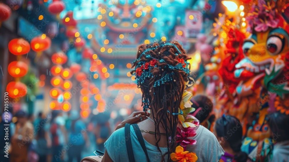 Woman with dreadlocks at a vibrant street festival, lanterns, dragon. Woman with dreadlocks at a vibrant street festival, lanterns, dragon.