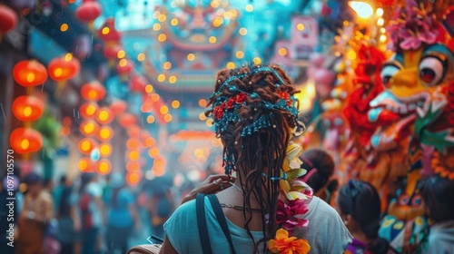 Woman with dreadlocks at a vibrant street festival, lanterns, dragon.