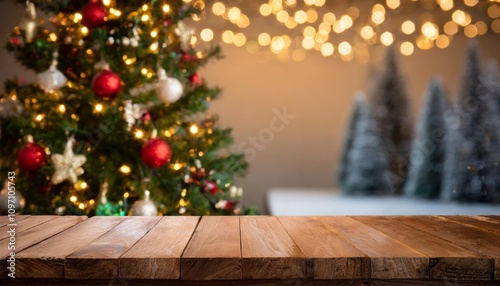 Rustic wooden table with festive Christmas decorations in blurred background featuring bokeh lights, ornaments, and seasonal colors perfect for holiday-themed designs or marketing visuals.