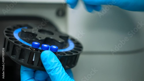 Scientist puts glass vial with blue cap into HPLC Autosampler at clinical laboratory. Chromatographic separation of compounds extreme close view photo