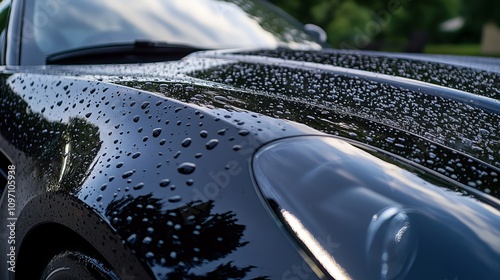 Glistening water beads adorn a sleek black car hood, remnants of a recent rainfall or car wash. The droplets exhibit a pearl-like effect, thanks to a ceramic coat