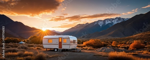 Sunset over mountains with a vintage camper parked in a serene landscape